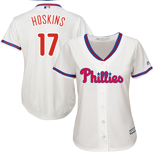 Phillies #17 Rhys Hoskins Cream Alternate Women's Stitched MLB Jersey - Click Image to Close